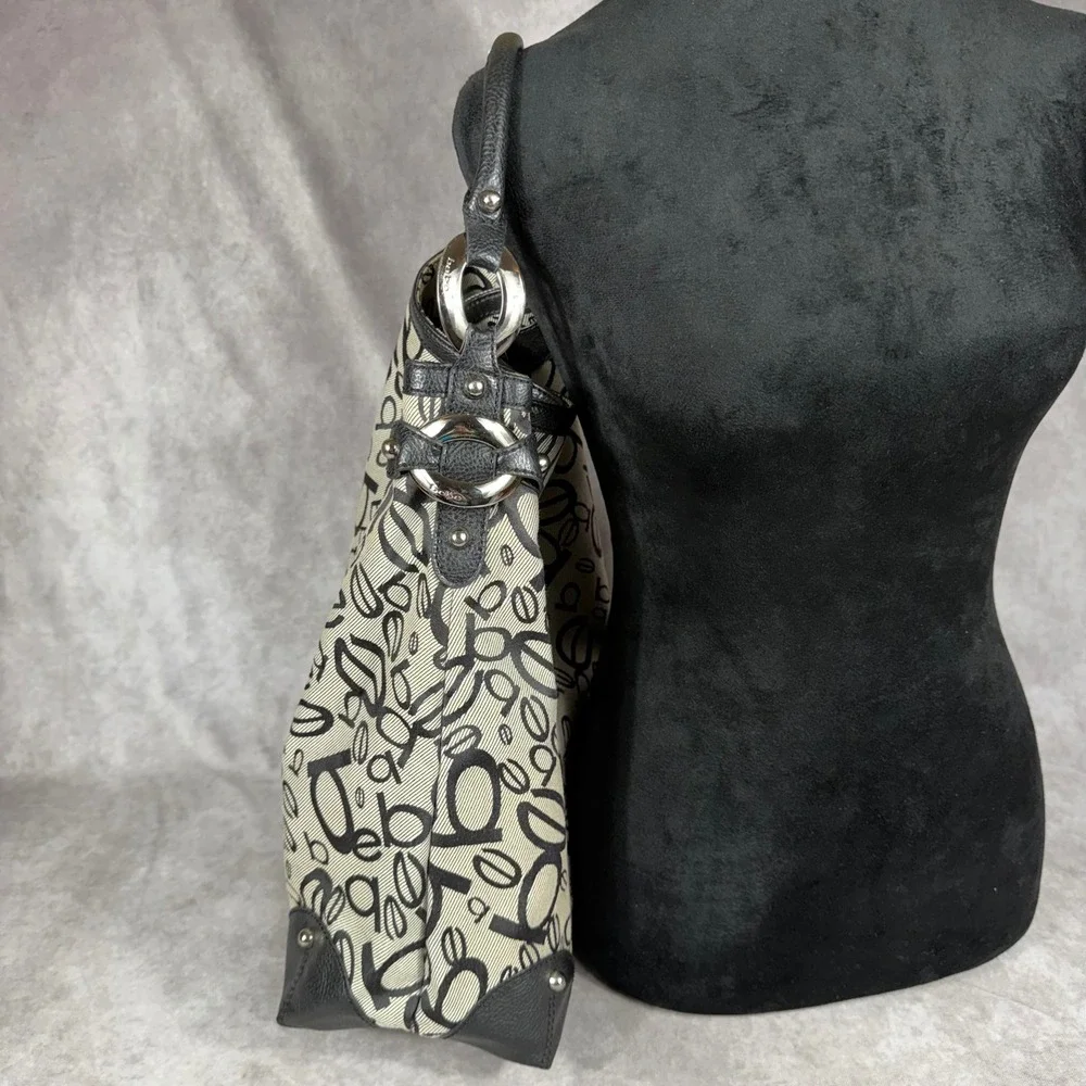 Vtg Bebe Monogram Logo Canvas Hobo Shoulder Bag Black Silver Y2K Slouchy Purse